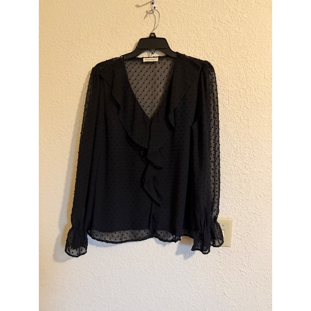 Anna-Kaci Black Swiss Dot Ruffle V-Neck Sheer Long Sleeve Blouse Large